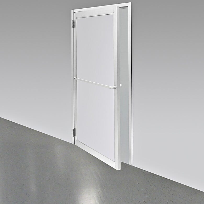Double swing pre-hung door with powder-coated aluminum frame and polypropylene window for cleanrooms, 72