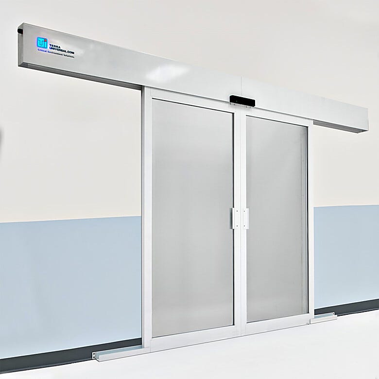 The Powder-Coated Aluminum Automatic Double Bi-Parting Sliding Door will auto reverse when something obstructs the path of the door  |  6709-17 displayed