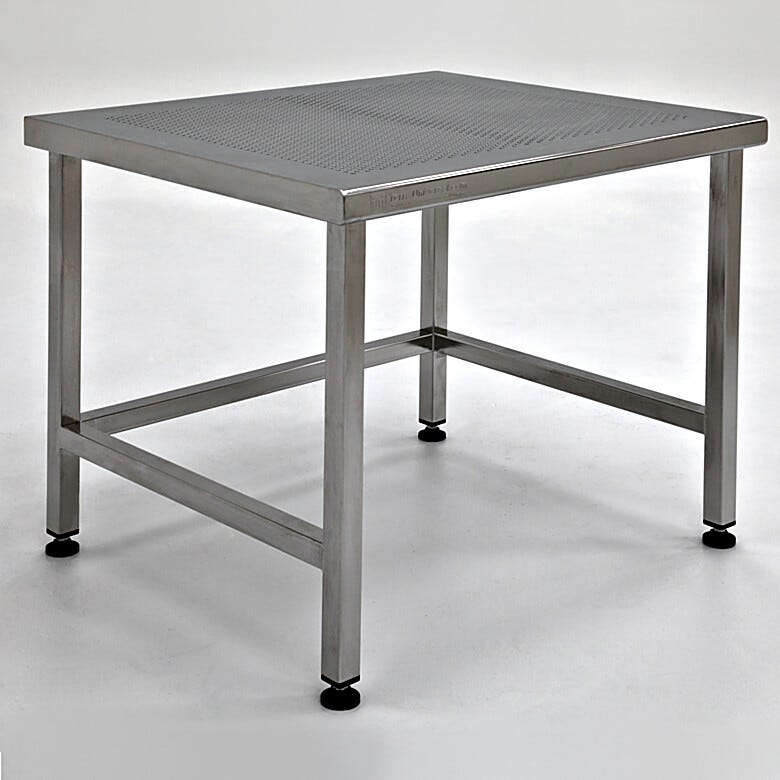 ISO 5-compatible 304 stainless steel table includes perforations to enhance air flow-through and minimize dust accumulation | 9604-67 displayed