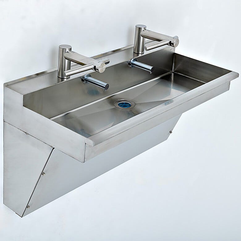 BioSafe® ADA compliant wall-mount sink featuring stainless steel finish faucet and two high-speed drying airblade faucets | 1373-65 displayed