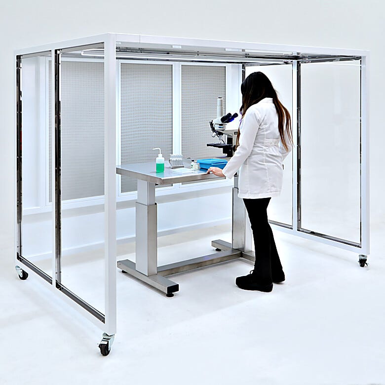 Portable horizontal CleanBooth, three-sided hardwall enclosure, laminar flow of HEPA-filtered air with custom dimensions