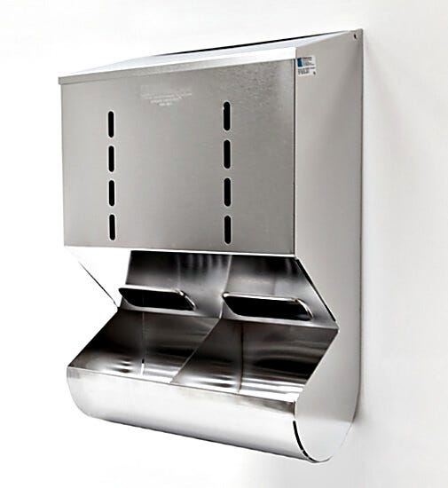 Stainless Steel Wall Mounted 2 Chamber Glove Dispenser with Catch Tray | 4951-38-2-316 displayed