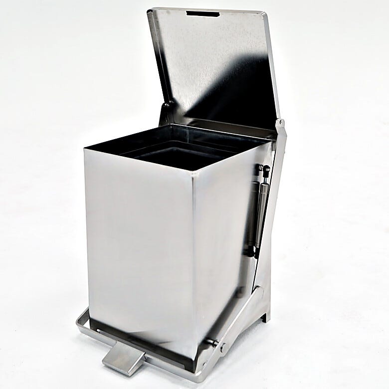 Electropolished ISO 4 stainless steel rectangular hands-free waste receptacle with pneumatic soft-closing lid, 12