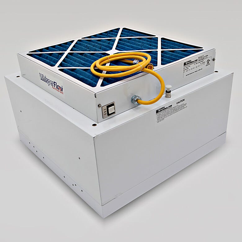 Room-Side Replaceable Fan Filter Unit, 2' x 2'; WhisperFlow® baffling system promotes quiet operation and uniform air speed across filter face