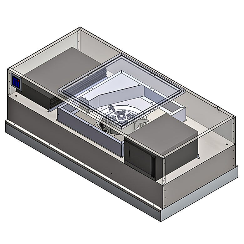 Uninterruptible Power Supply (UPS) mounted on top of FFU; main UPS unit plus add-on battery for extended runtime; status indicator lights provide visual alerts | 6601-24A-HSS-EC-BP displayed