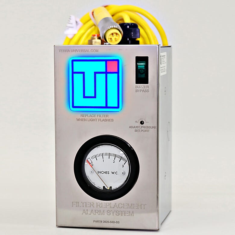 Filter replacement alarm system with integrated minihelic pressure gauge, light and buzzer  |  2625-54B-SS displayed