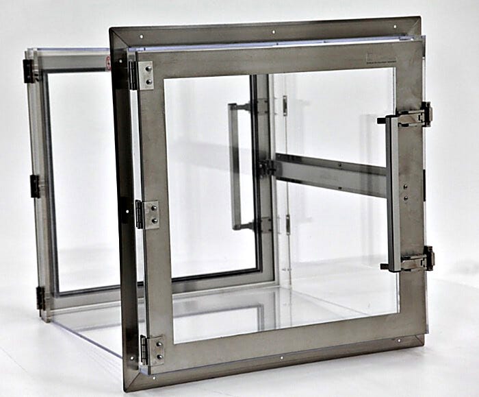Acrylic cleanroom pass-through with stainless steel-reinforced door frames includes a mechanical interlock to prevent cross-contamination | 1992-51D displayed