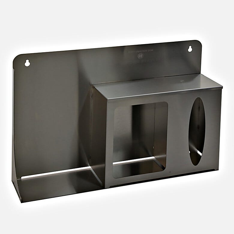 Respiratory hygiene station,304 stainless steel with hinge-topped glove and face mask holder, platform for hand sanitizer; wall-mount design | 5604-60 displayed
