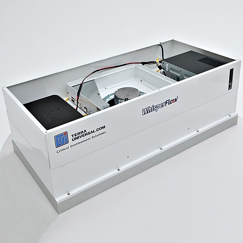 Uninterruptible Power Supply (UPS) mounted on top of FFU; main UPS unit plus add-on battery for extended runtime; status indicator lights provide visual alerts | 6601-24A-H-EC-BP displayed