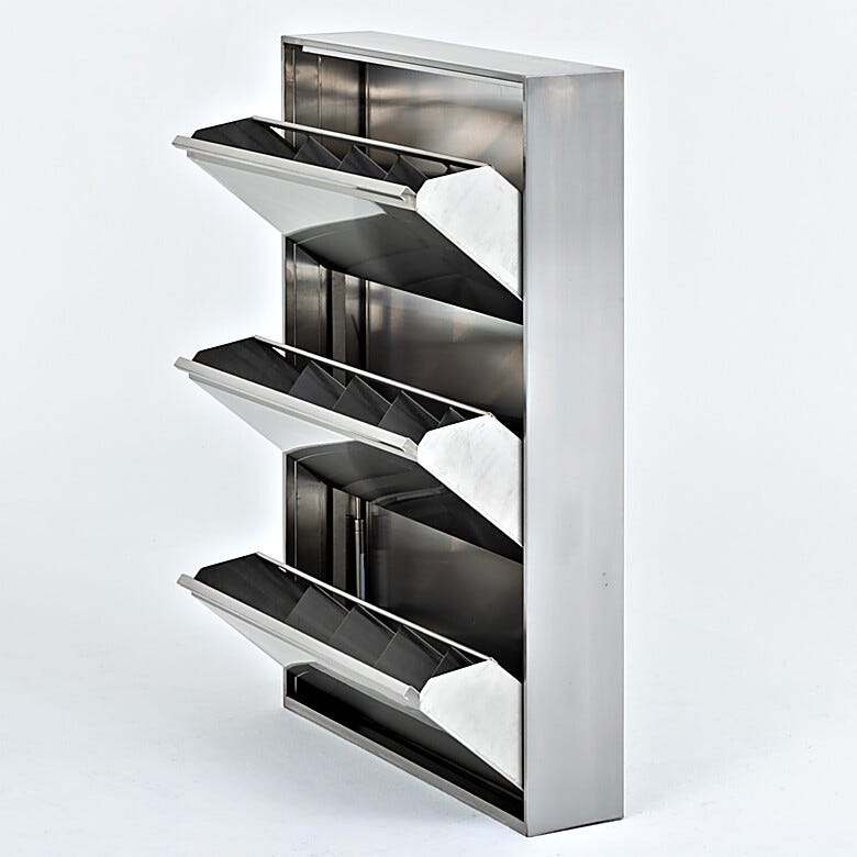 Wall-mounted stainless steel shoe cabinet featuring three storage compartments | 2633-90 displayed