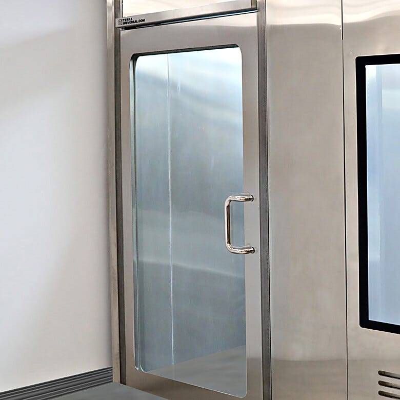Stainless steel left hand reverse manual cleanroom door with a full view window  |  6602-78-L displayed