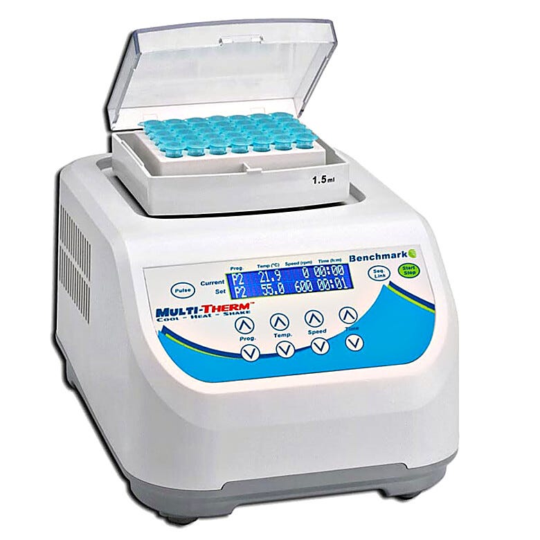 Benchmark Scientific’s Multi-Therm™ Vortexer provides temperature controlled mixing at speeds up to 1500 rpm  |  2824-01 displayed