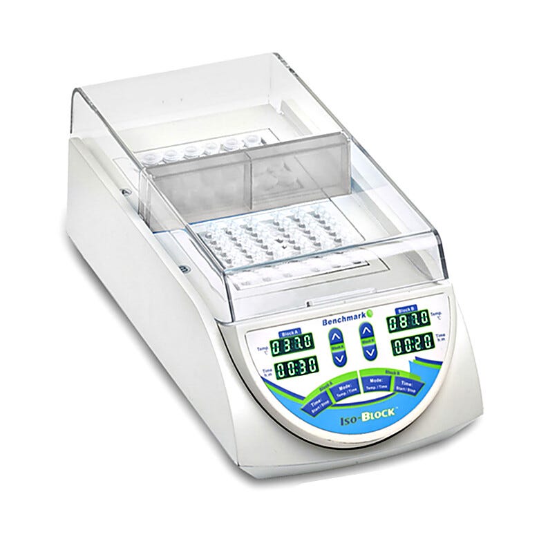 Benchmark's IsoBlock is a digital dry bath that features two isolated chambers maintain independent time and temperature control | 2829-49 displayed