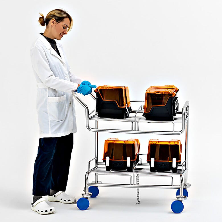 Round tubes provide smoother surfaces for reduced particle accumulation. Electropolished stainless steel cart with angled shelves secures wafer boats | 9600-14A displayed