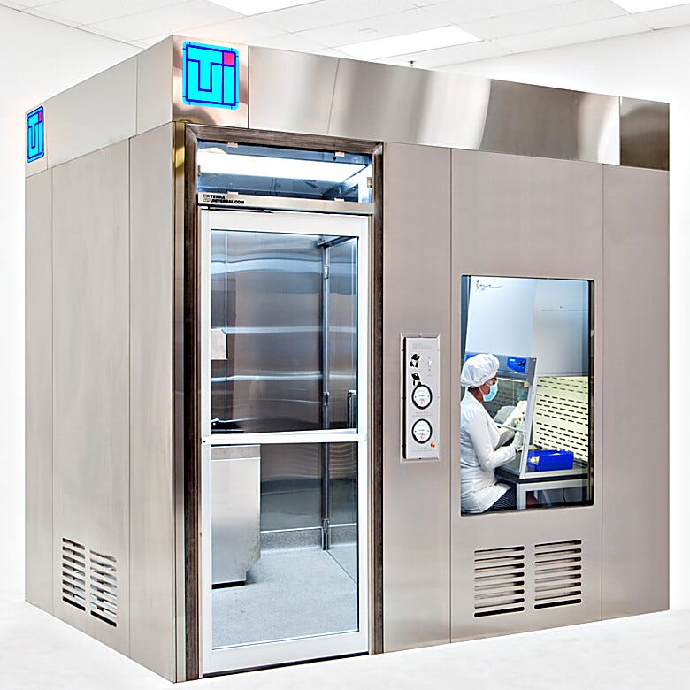 Shown is an all stainless-steel USP797 compounding room, including ante-room and buffer room  |  2900-94-SS displayed