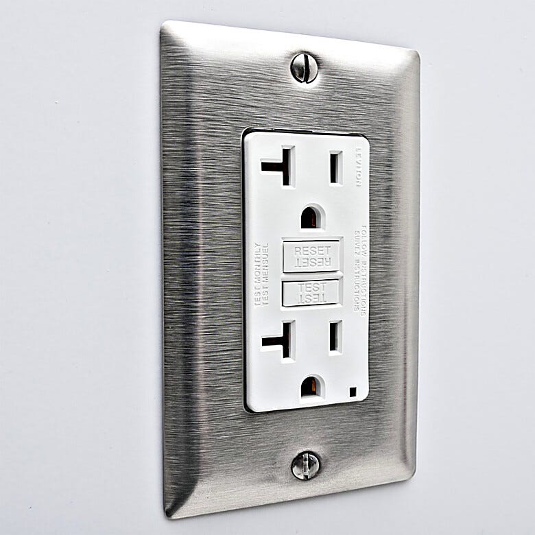 GFCI duplex power outlet with stainless steel cover and quick-connect plug  |  6704-33A displayed
