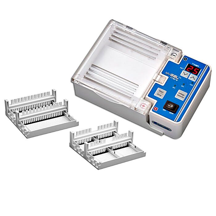 myGel Mini includes gel box, safety lid, 6 gel trays, casting stands and 2 double-sided combs  |  2830-00 displayed