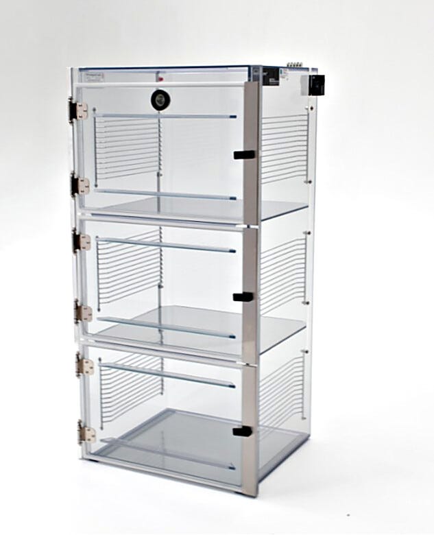 ValuLine® ESD-safe desiccator cabinet, static-dissipative PVC, 3 chambers with adjustable shelving  |  3949-32C displayed