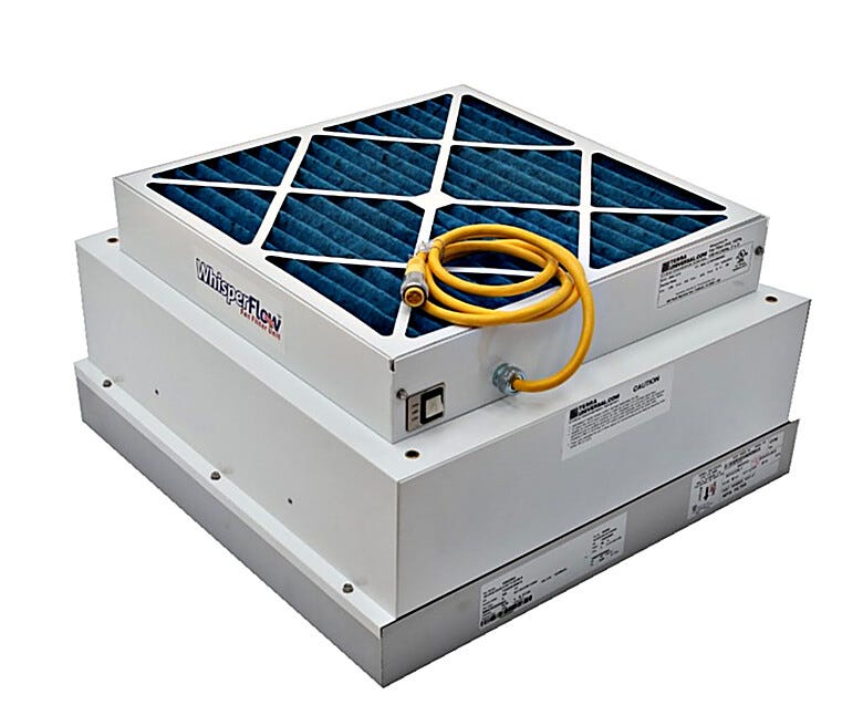 2'x2' WhisperFlow Fan Filter Unit with internal baffling and aluminum diffuser | 6601-22-U displayed