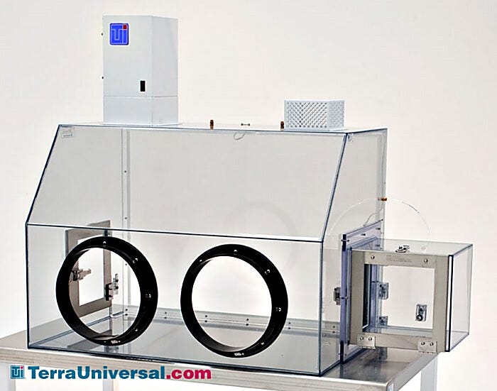 Glove box with open-loop filtration system provides single-pass of ULPA-filtered air; two-port static-dissipative PVC model shown with optional air lock.  |  3306-62-OL displayed