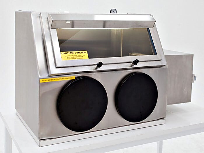 Single Series 310 Negative Pressure Glovebox Shown with optional gauge, stand, and right sided airlock. | 3305-54B displayed