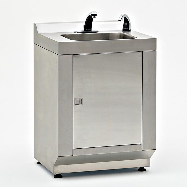 Single-sink modular cleanroom hand washing station in 304 stainless steel with hands-free faucet and automatic IR beam soap dispenser included  |  9600-83B displayed