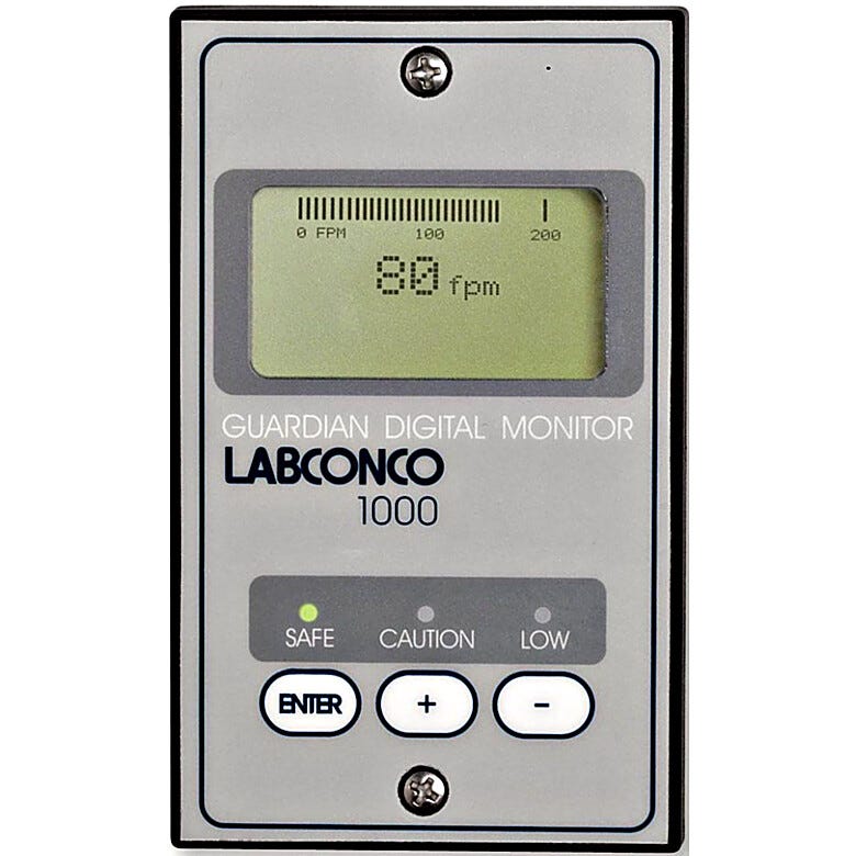 Labconco Guardian 1000 Digital Airflow Monitor with Epoxy-Coated Steel Housing and an LCD display for Protector hoods manufactured from 2002 to 2012 #9743211  |  3646-94 displayed