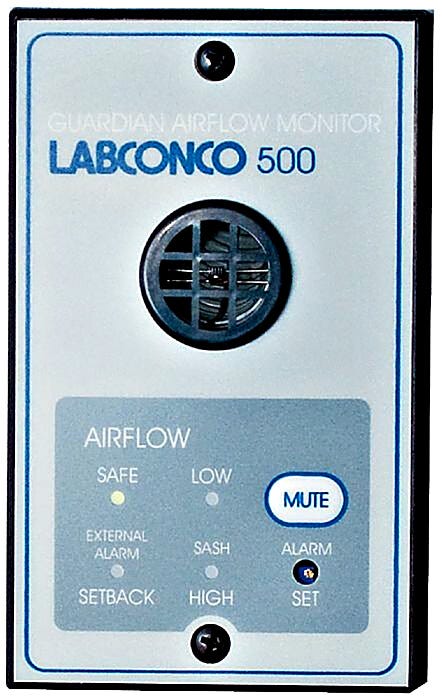 115V and 230V Guardian 500 Airflow Monitor by Labconco factory-prepared cutout on upper portion of Protector and Xstream Hoods; #9723213 and #9743214 | 3646-56 displayed