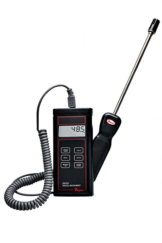 Hand-held Digital Hygrometer, measures % RH from 0-100% and temperature in °F or °C; calculates dew point and wet bulb temperature based on RH and temp readings | 3643-58 displayed