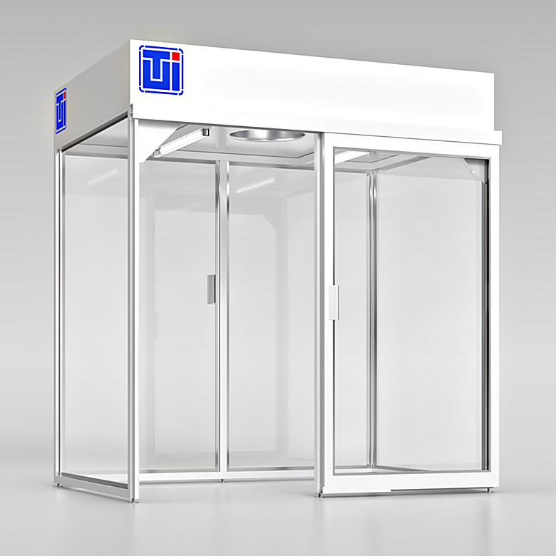 Fume hood with manual sliding door-sash creates floor-to-ceiling enclosure with fully transparent PVC paneling. Shown with optional vapor-proof lighting. | 2400-60 displayed