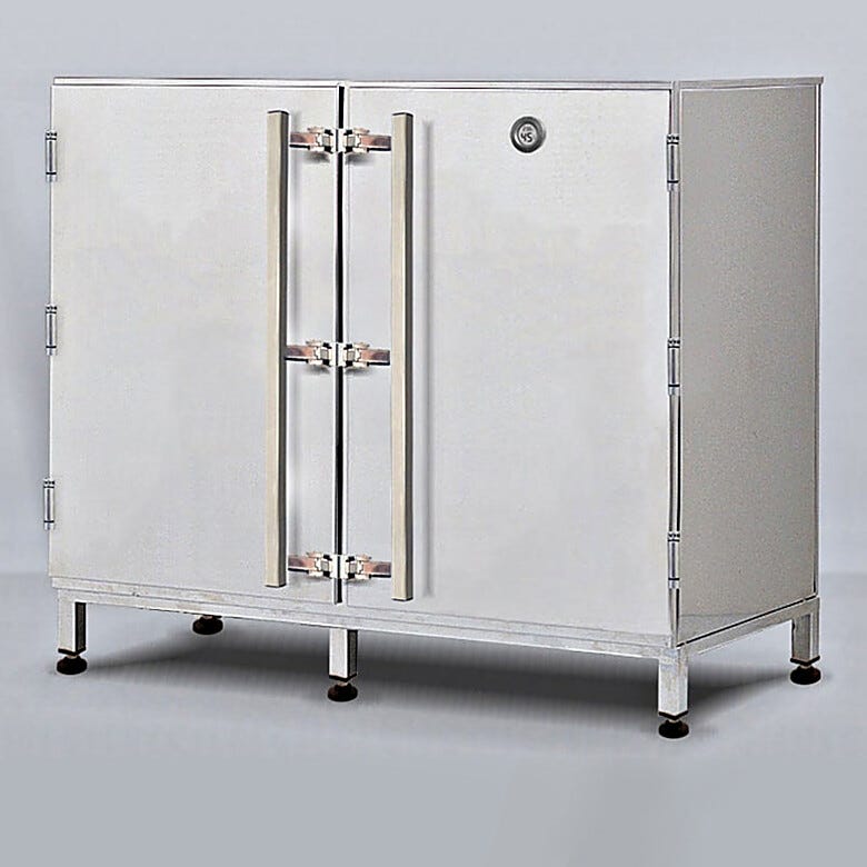 RH-controlled dry bulk storage cabinet with hygrometer (2 x 30 gal. drum capacity shown). | 1989-00 displayed