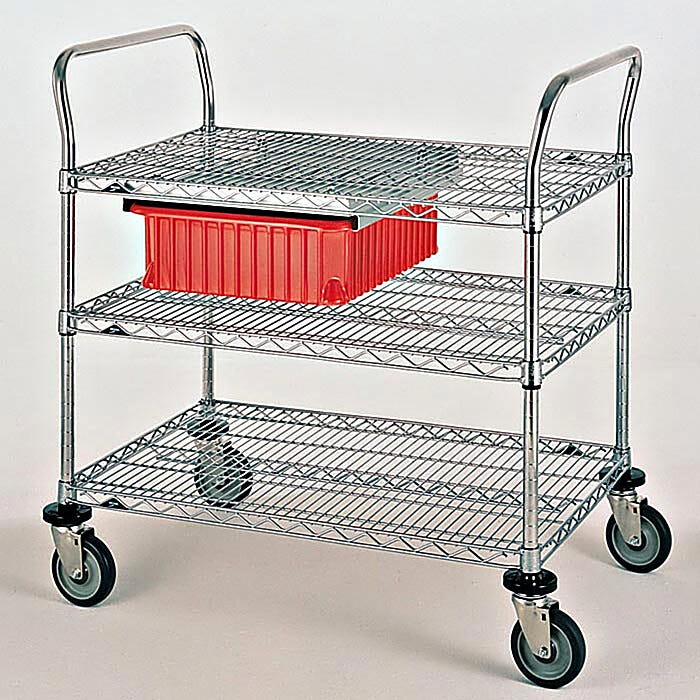 Stainless steel and Chrome Plated Utility Carts by InterMetro includes three wire steel shelves, handles and four casters | 1402-62 displayed