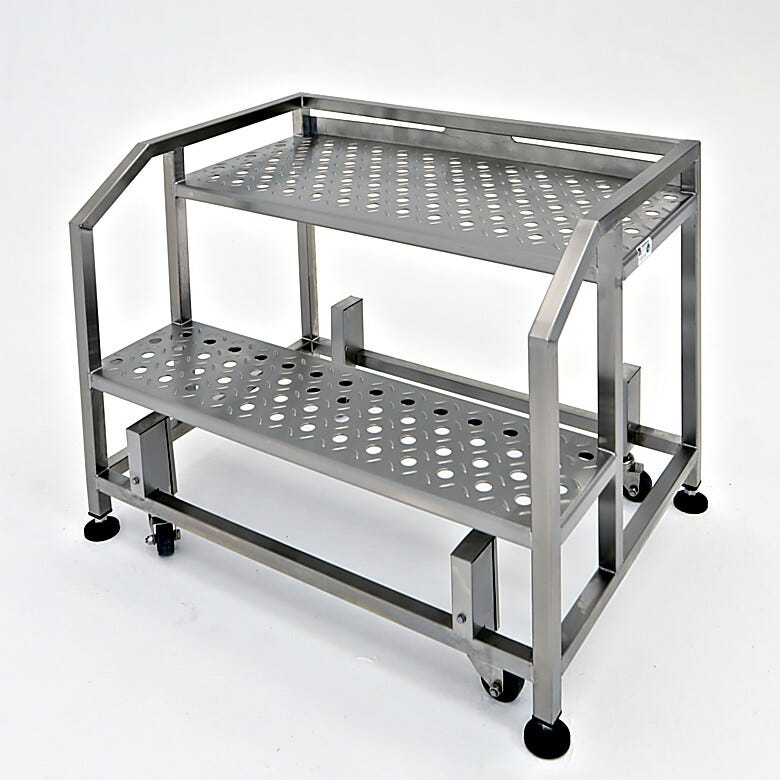 Stainless steel portable step ladder; 316L SS, 2 steps, 300lb capacity, perforated with diamond plating, ISO 5 | 2805-83A displayed