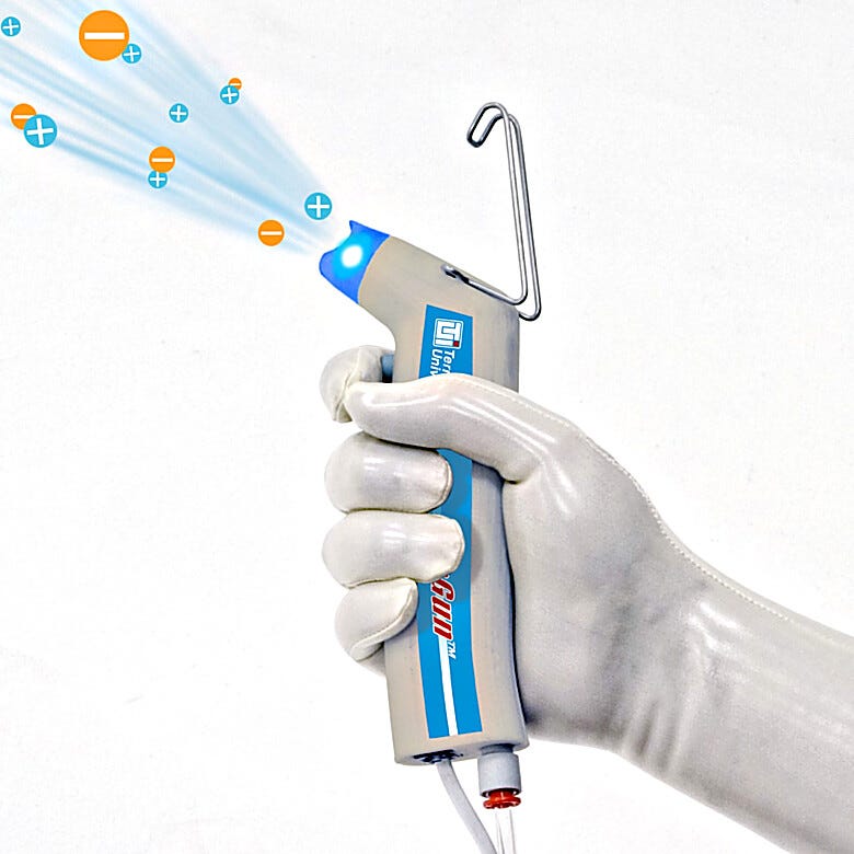 This Ionizing Blow-off Gun neutralizes static surface charges and removes particles with a burst of clean air or nitrogen  |  2005-55 displayed