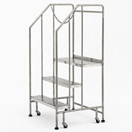 Mobile Step Ladder; BioSafe® Round Tube, Fully Welded, 3 Steps, 304 or 316 SS, 30