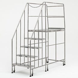 Mobile Step Ladder; BioSafe® Round Tube, Fully Welded, 5 Steps, 304 or 316 SS, 30