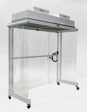 The Portable CleanBooth™ wheels into position above a workbench or equipment to provide an ISO 5-compliant flow of HEPA-filtered air  |  