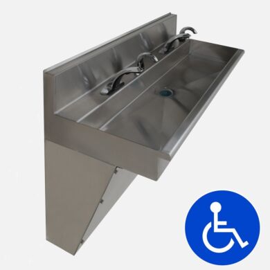 Hand washing sink for 2 people with automatic soap dispensers and faucets and stainless steel construction to house plumbing  |  