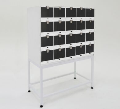 20-Compartment cold rolled steel cabinet shown with optional stand.  |  4105-23 displayed