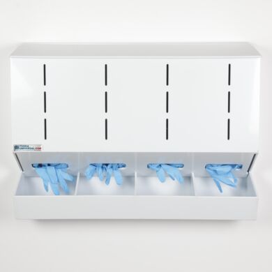 Wall mount 4-chamber glove dispenser in polypropylene with built-in catch basin and hinged top  |  