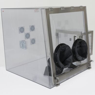Custom polycarbonate glovebox with front tilt-up window and electrical wire feedthroughs,  35”W x 35