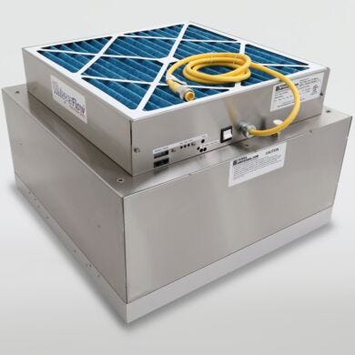 Room-side replaceable EC Fan Filter Unit is serviced in minutes without ceiling breach or cleanroom shut-down; all-stainless steel construction  |  6601-22B-URSS-EC displayed