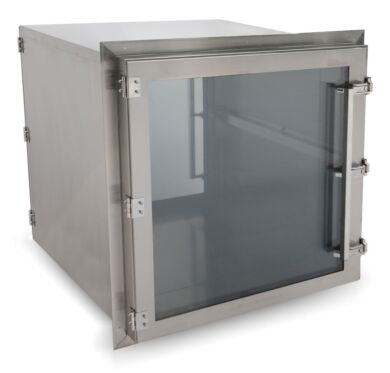 Stainless steel pass-through chamber includes interlocked doors made of static-dissipative PVC for full chamber visibility  |  1991-74D displayed