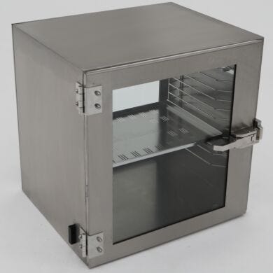 Series 100 single chamber desiccator cabinet shown with a 304 Stainless Steel body and Static Dissipative PVC window.  |  1678-10A displayed