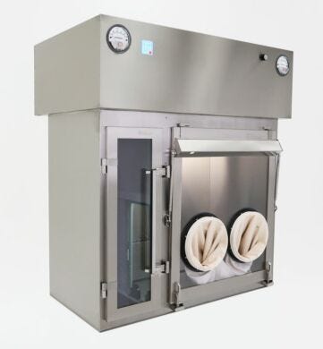 Stainless Steel USP 797 Compounding Aseptic Isolator shown with optional Hypalon gloves/sleeves  |  2900-56B displayed