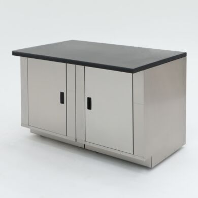 48” wide stainless steel base cabinet with epoxy table top resists common organic compounds, acids, and solvents; ideal for biochemistry labs  |  1725-13 displayed