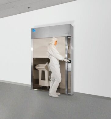 Roll-up door pass-throughs, available in many sizes, are easy for gloved cleanroom personnel to operate  |  6705-10C displayed