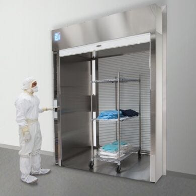 Cleanroom Roll-Up Door Pass-Through Chambers include interlocked doors for transfer of carts, bulky equipment  |  6705-31C displayed