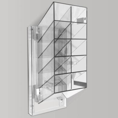 BioSafe®10-compartment saftey glasses holder in clear acrylic with wall-mount keyhole cutouts and detachable structure for easy cleaning  |  4949-10 displayed