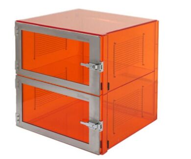 Adjust-a-shelf amber acrylic two chamber desiccator cabinet without flowmeter or shelf  |  3950-69D displayed